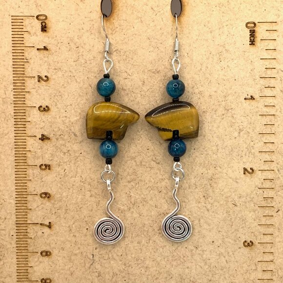 Tiger's Eye Bear Apatite Gemstone Beads Handmade Pierced Earrings LR151 - Picture 4 of 4